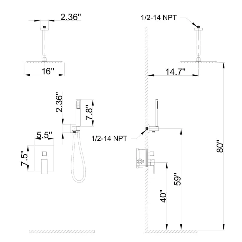 16" Ceiling Mount Square Shower Set with Head Shower & Hand Shower Combo Set