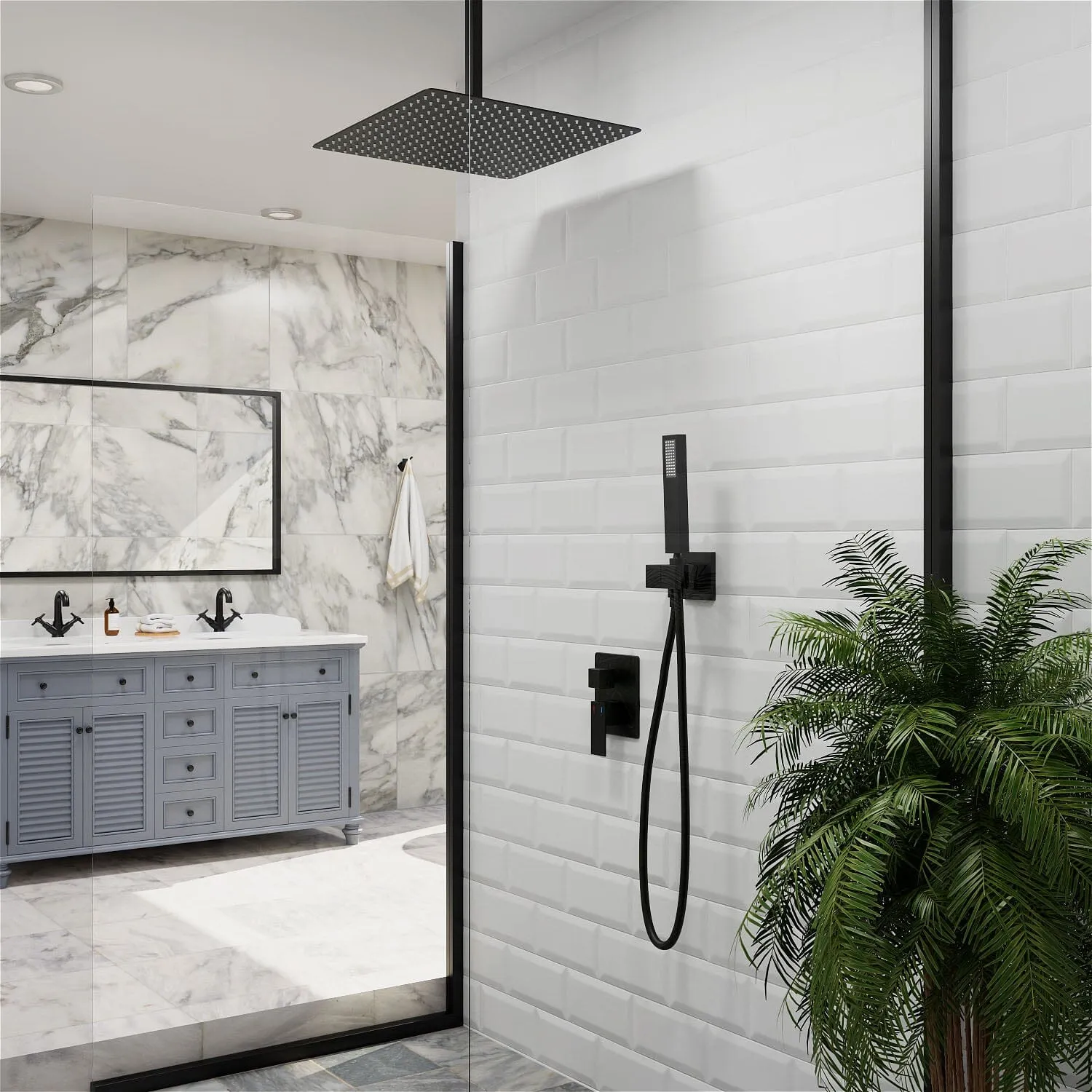 16" Ceiling Mount Square Shower Set with Head Shower & Hand Shower Combo Set