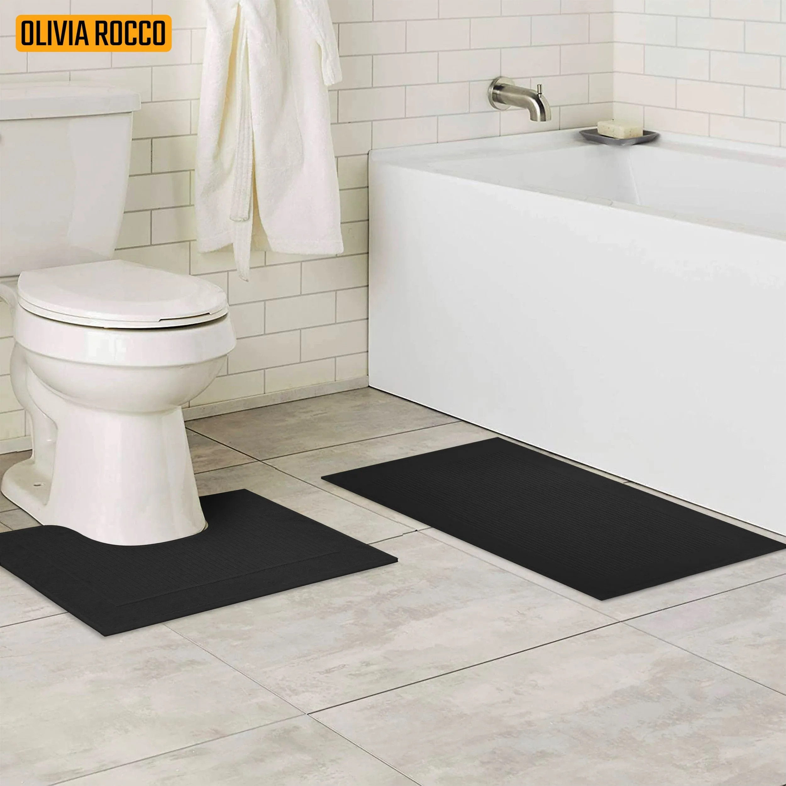 2 Piece Monaco Non Slip Bath Mat and Pedestal Set Water Absorbent Bathroom Rug Set 100 Percent Cotton Mats for Safety and Comfort by OLIVIA ROCCO