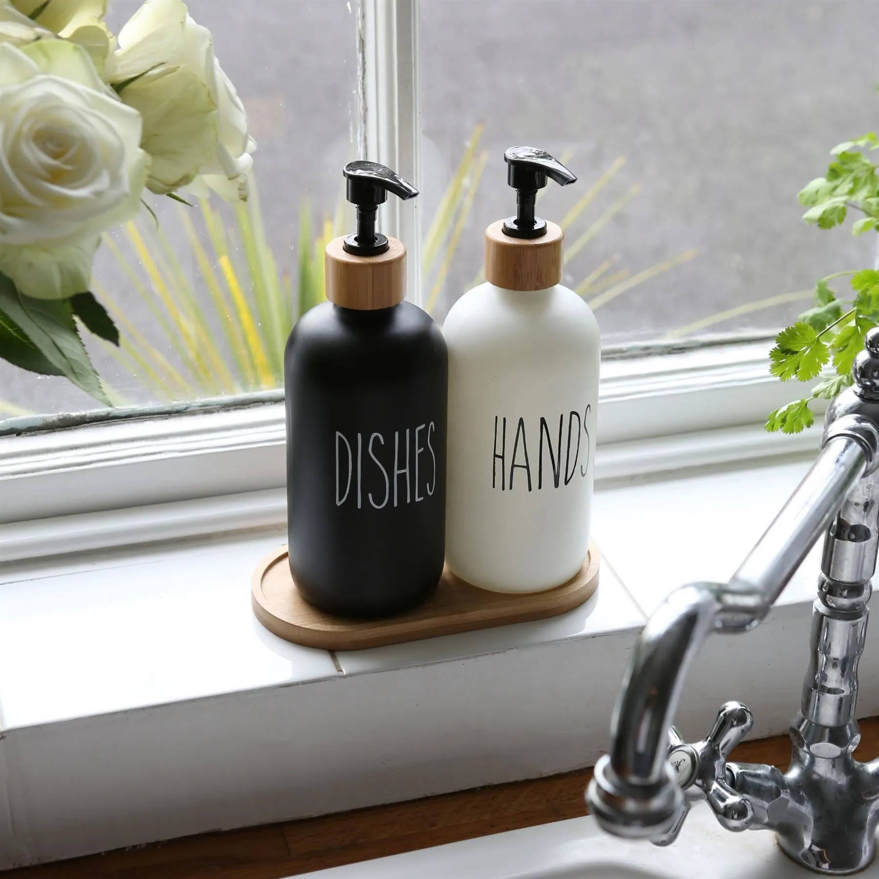 2pc Glass Hand & Dish Soap Dispenser Set with Bamboo Tray - 500ml - White/Black - By Harbour Housewares