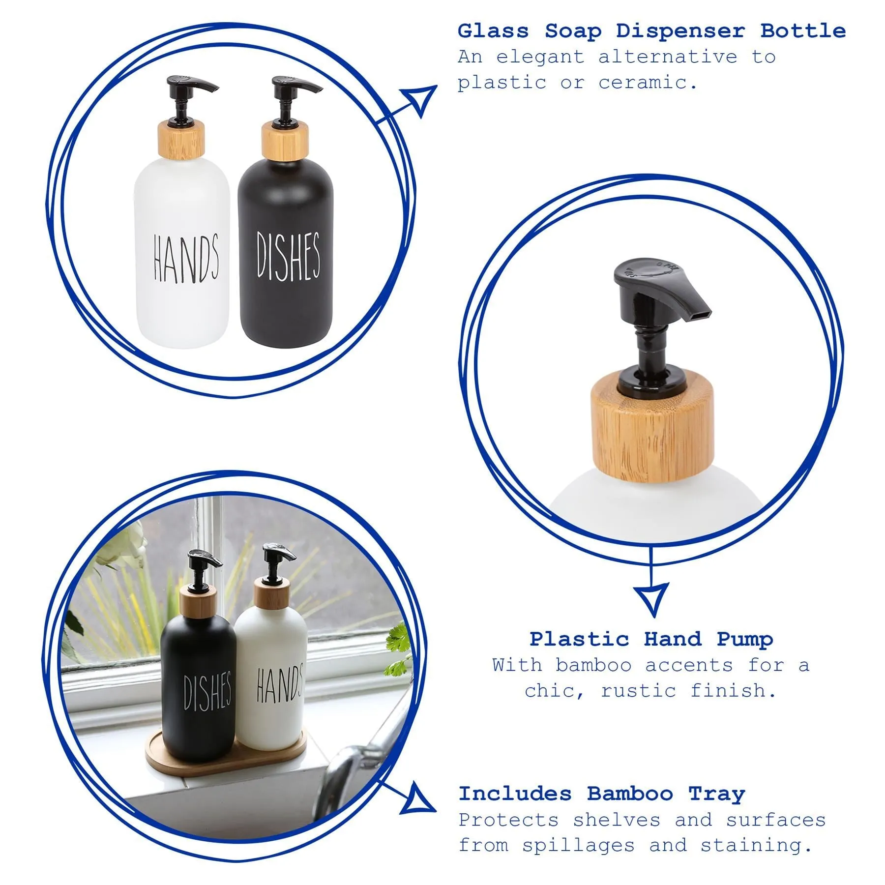 2pc Glass Hand & Dish Soap Dispenser Set with Bamboo Tray - 500ml - White/Black - By Harbour Housewares