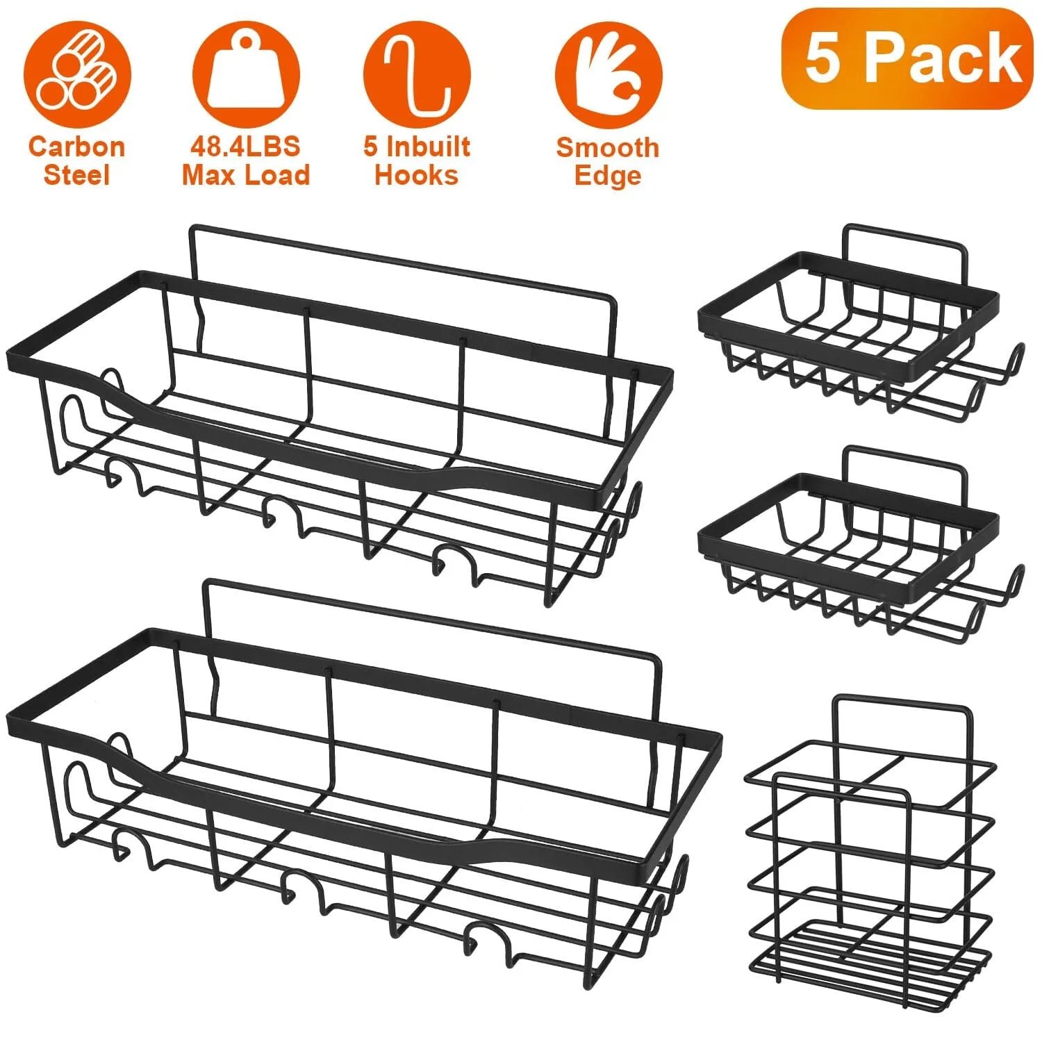 5-Pack: Shower Caddy Shelves with 18 Inbuilt Hooks