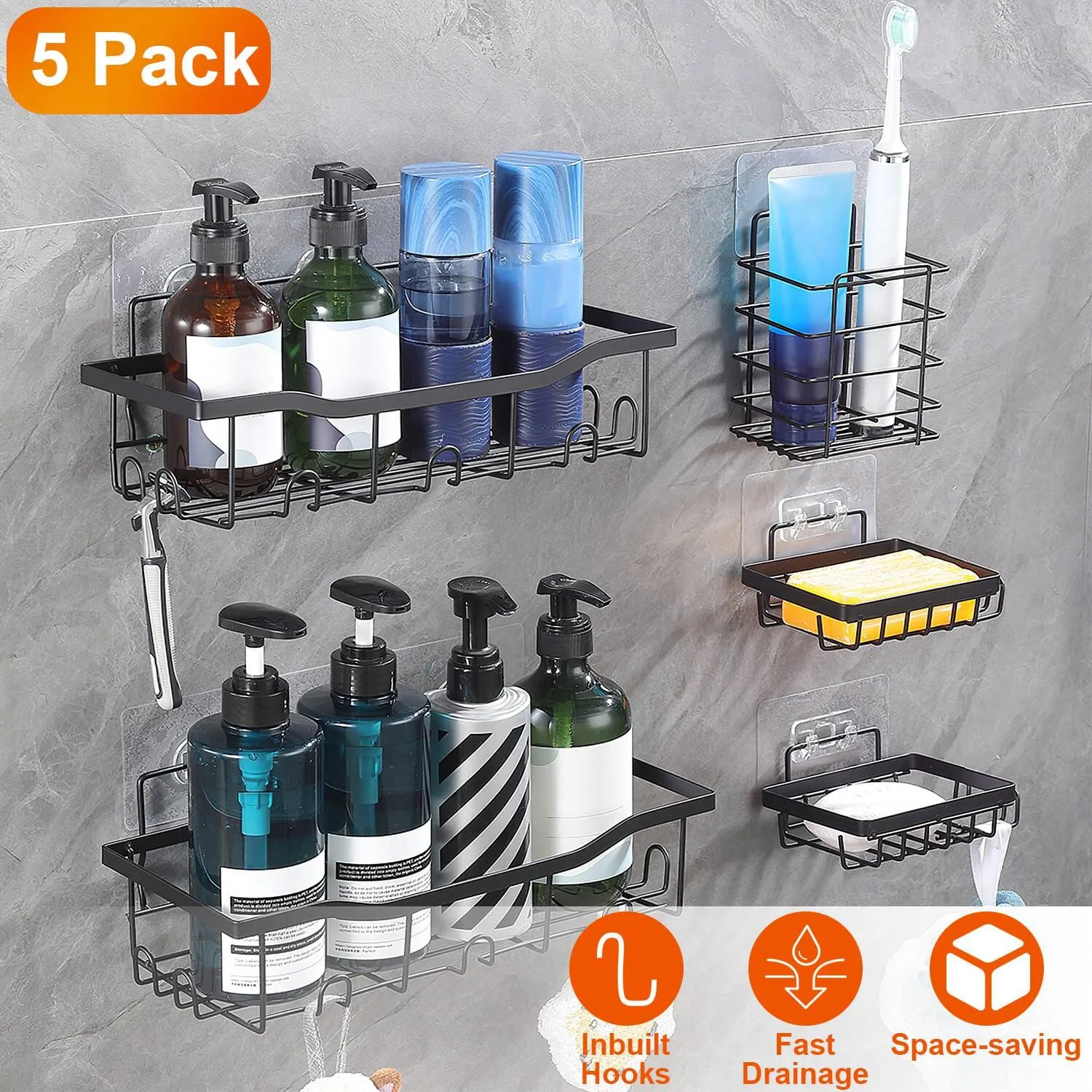 5-Pack: Shower Caddy Shelves with 18 Inbuilt Hooks