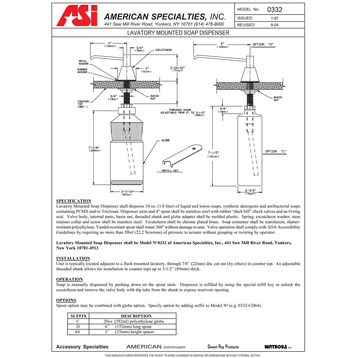 ASI 0332-CD Commercial Liquid Soap Dispenser, Countertop Mounted, Manual-Push, Stainless Steel - 6" Spout Length