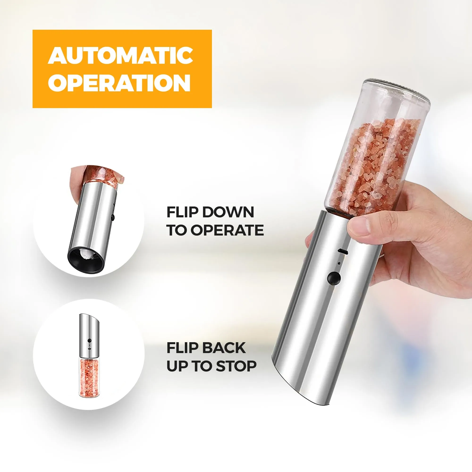 Automatic 170ml Salt and/or Pepper Grinder with LED Light and Fast Charging USB 1200mah Battery