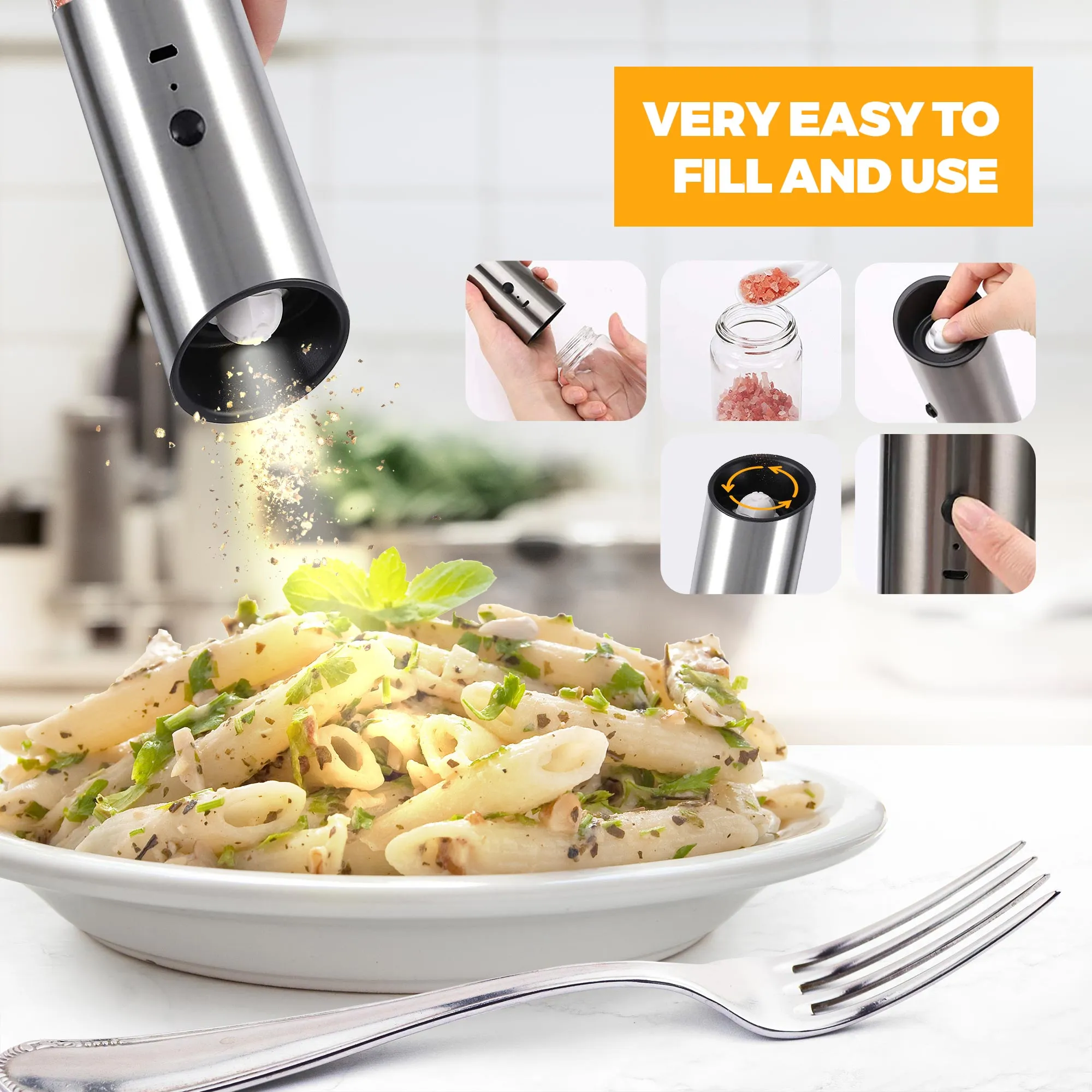 Automatic 170ml Salt and/or Pepper Grinder with LED Light and Fast Charging USB 1200mah Battery