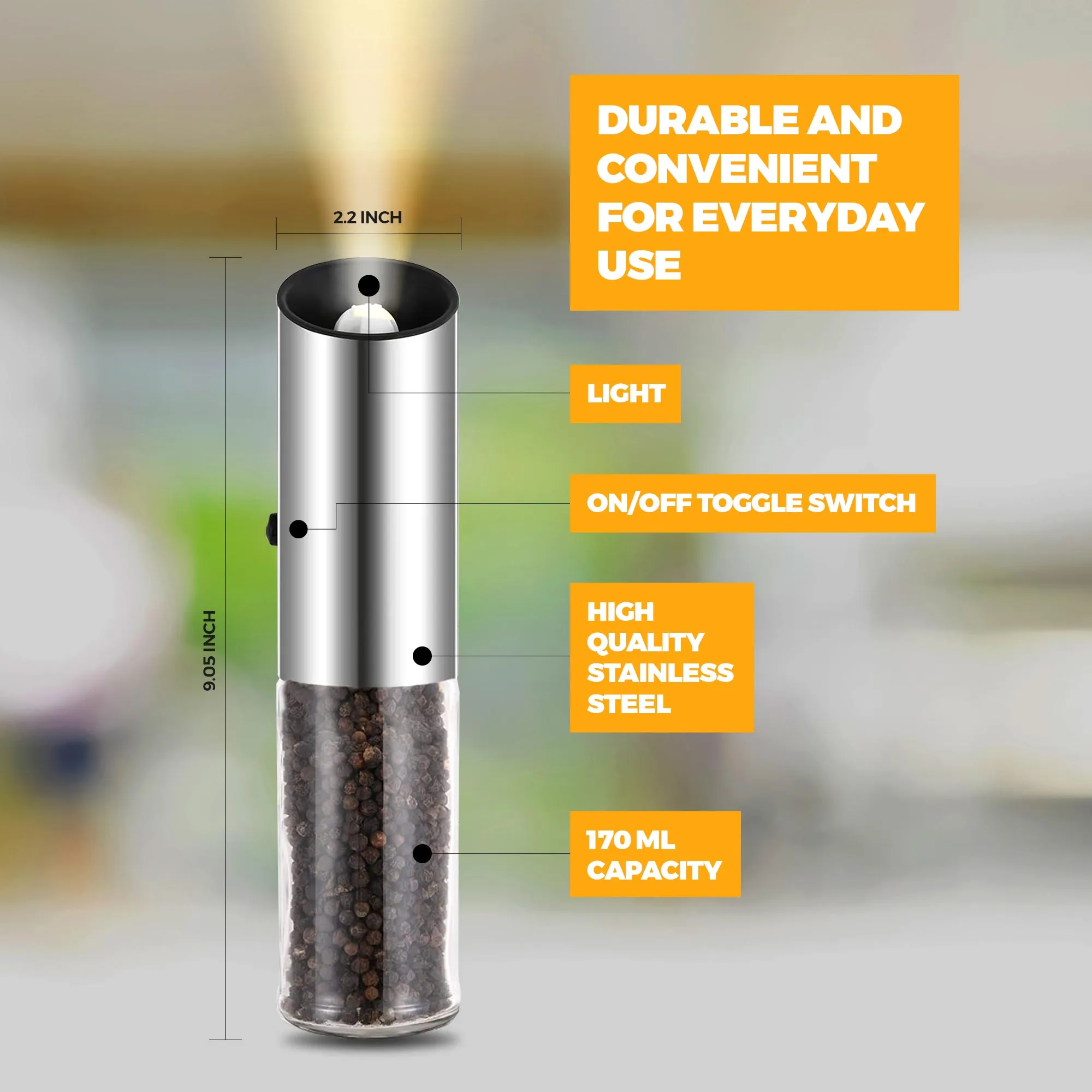 Automatic 170ml Salt and/or Pepper Grinder with LED Light and Fast Charging USB 1200mah Battery