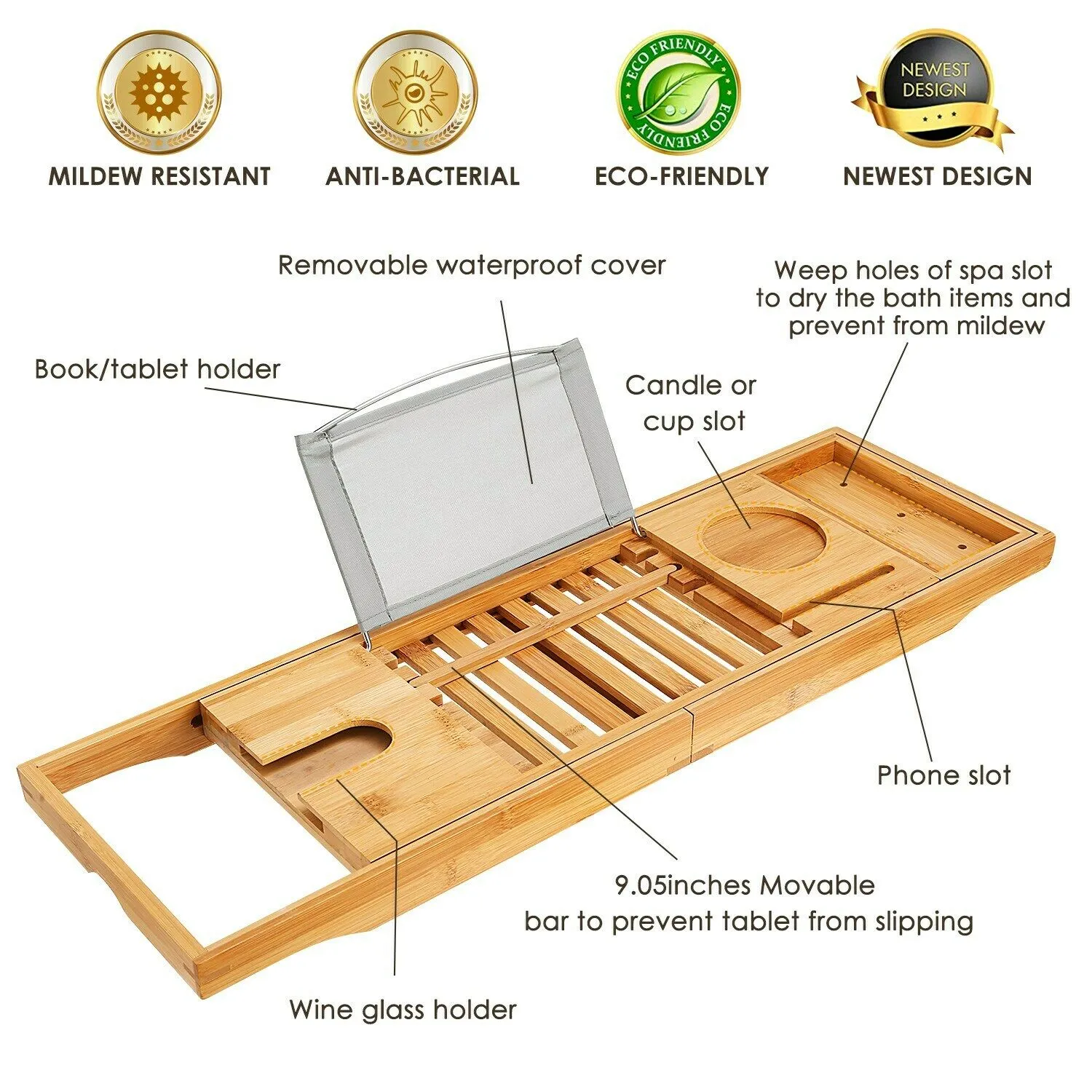 Bathtub Caddy Tray Crafted Bamboo