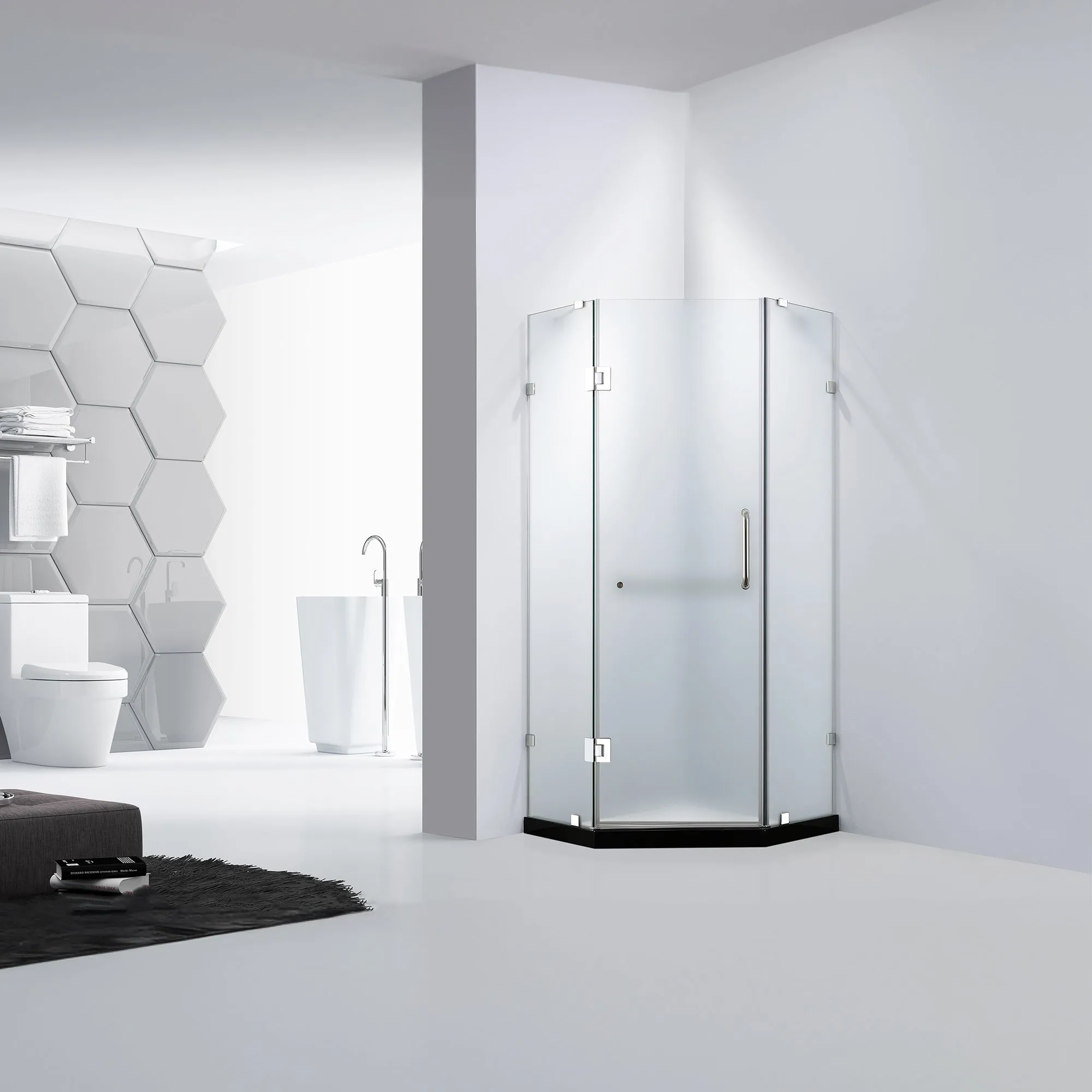 Dreamwerks 36 in. W x 79 in. H Frameless Neo-Angle Hinged Shower Door (Right) in Chrome with Handle - Frosted Glass