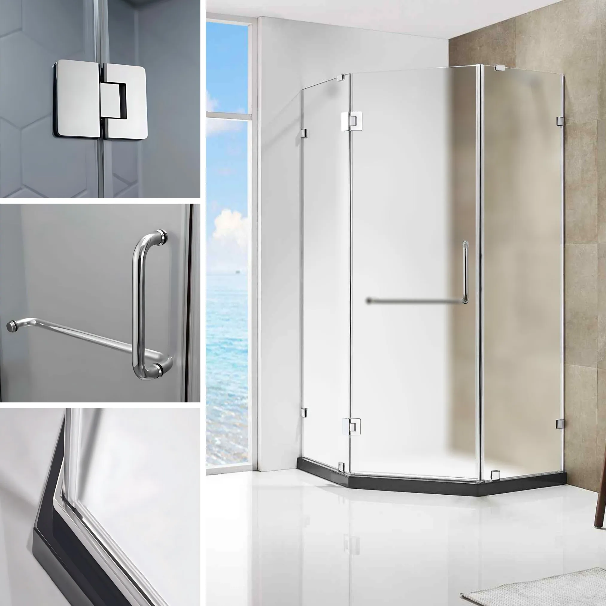 Dreamwerks 36 in. W x 79 in. H Frameless Neo-Angle Hinged Shower Door (Right) in Chrome with Handle - Frosted Glass