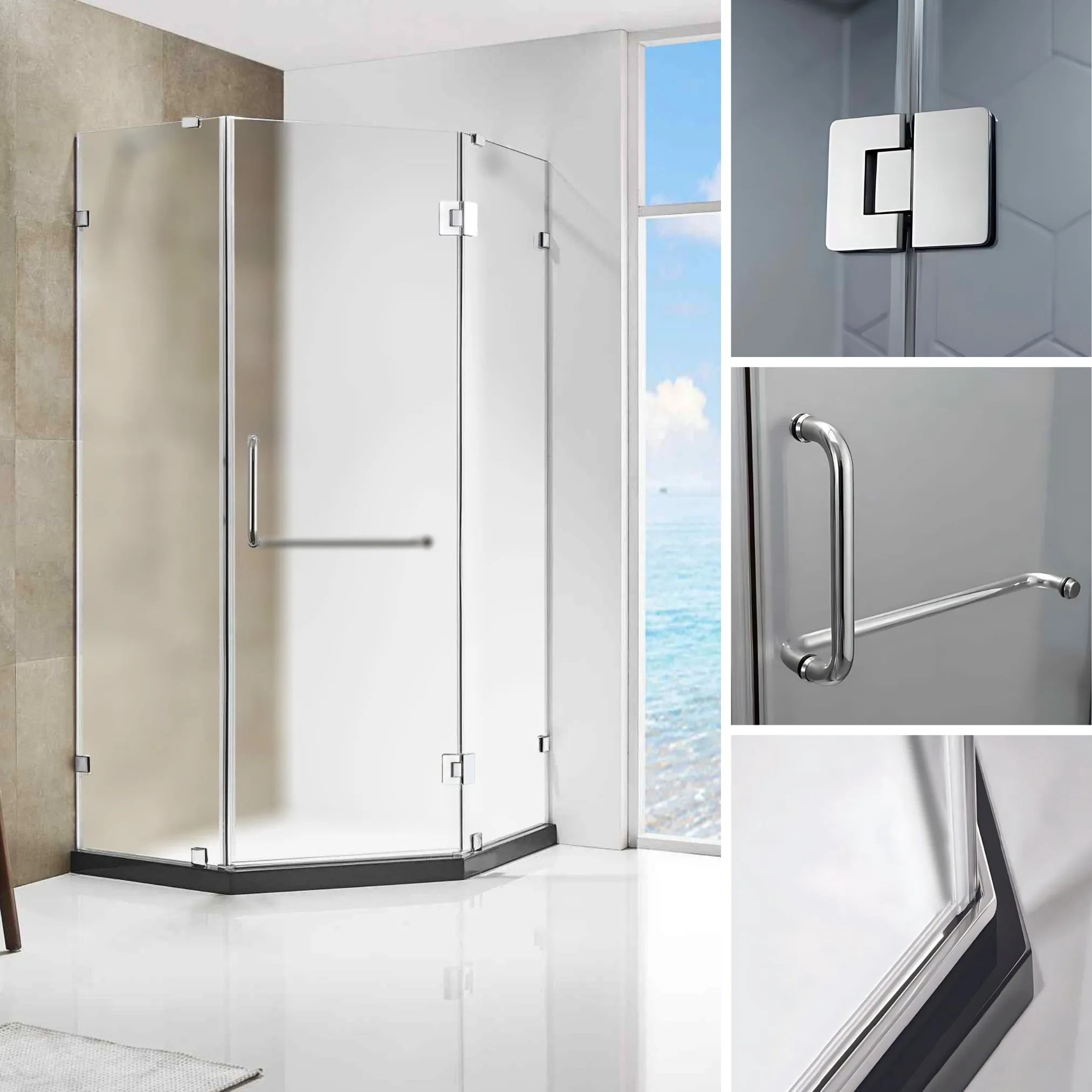 Dreamwerks 36 in. W x 79 in. H Frameless Neo-Angle Hinged Shower Door (Right) in Chrome with Handle - Frosted Glass