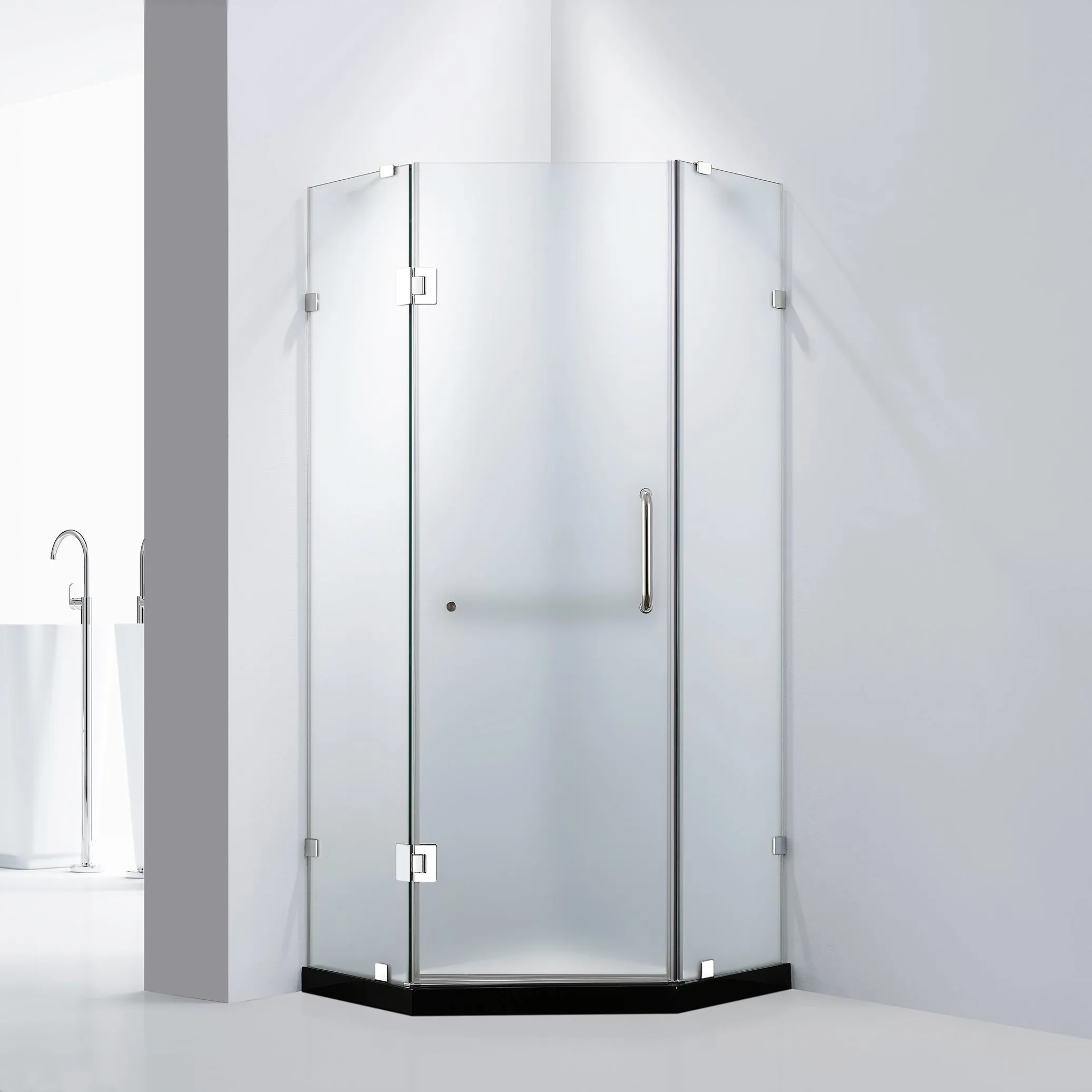 Dreamwerks 36 in. W x 79 in. H Frameless Neo-Angle Hinged Shower Door (Right) in Chrome with Handle - Frosted Glass