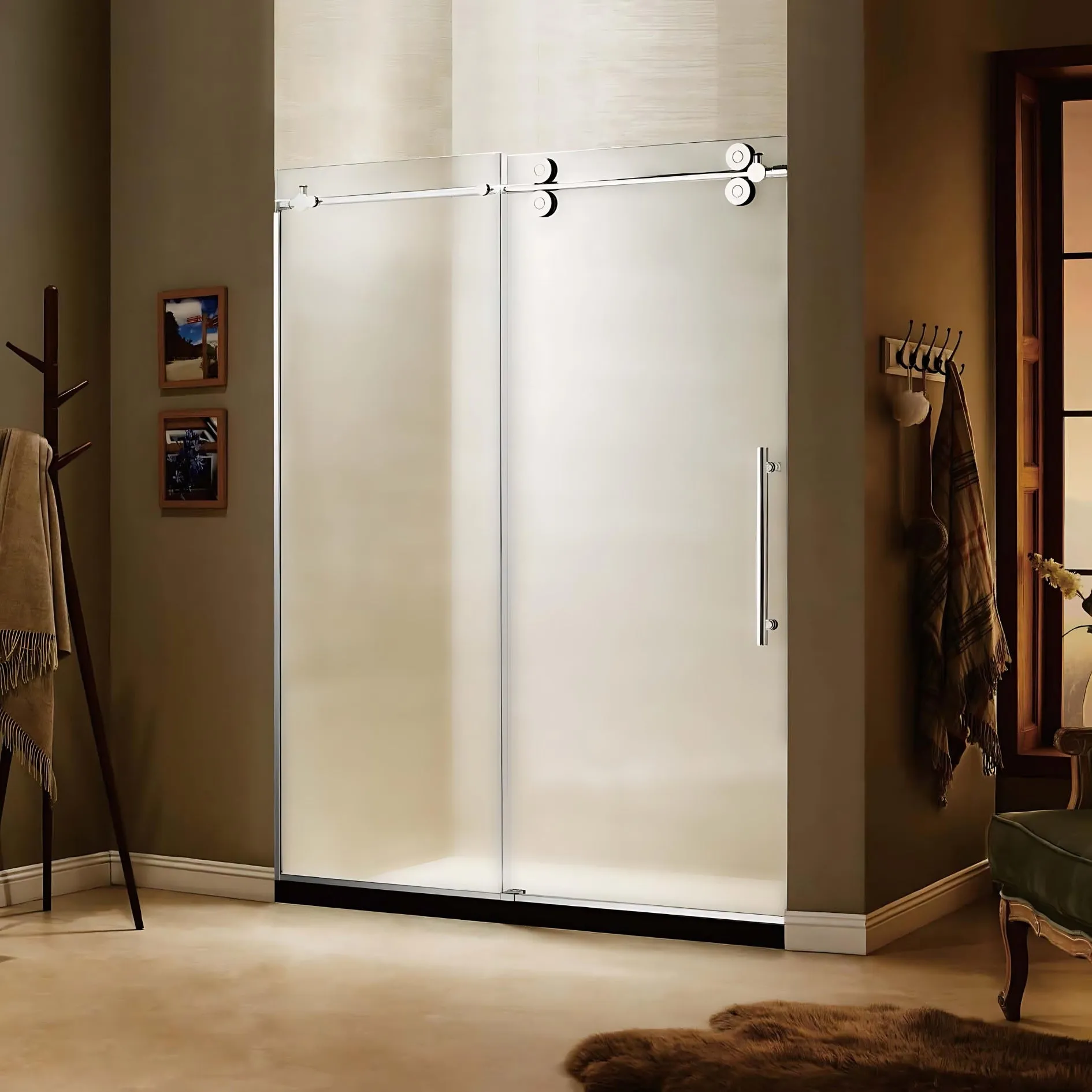 Dreamwerks 60 in. W x 79 in. H Frameless Sliding Shower Door in Bright Chrome with Frosted Glass