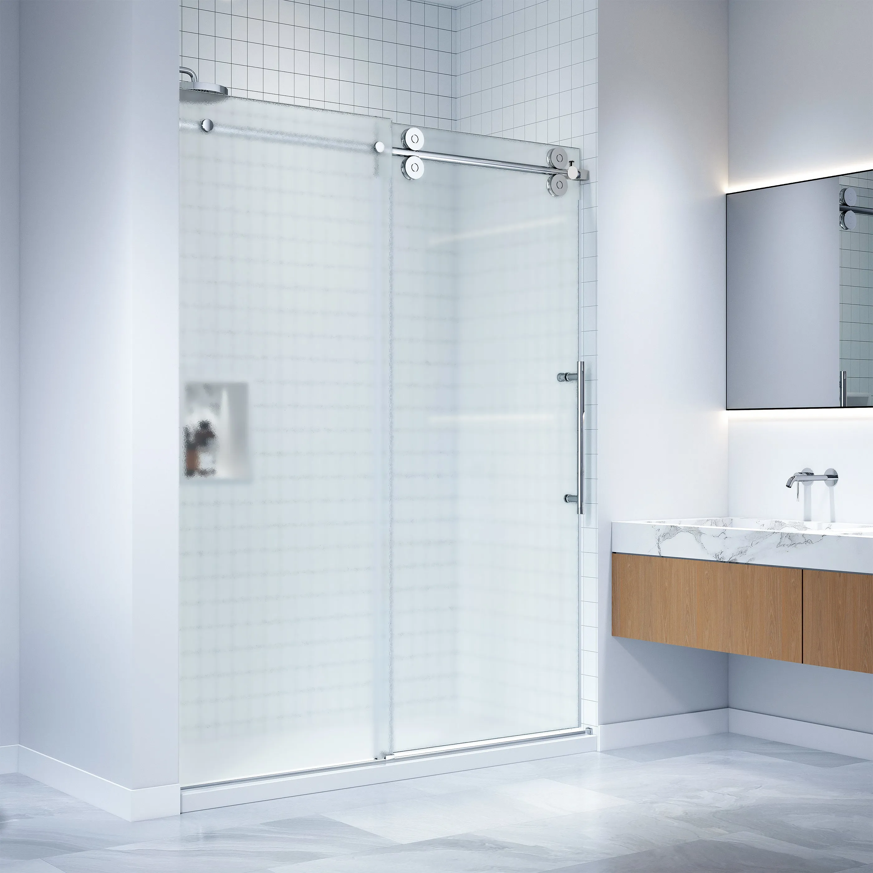 Dreamwerks 60 in. W x 79 in. H Frameless Sliding Shower Door in Bright Chrome with Frosted Glass