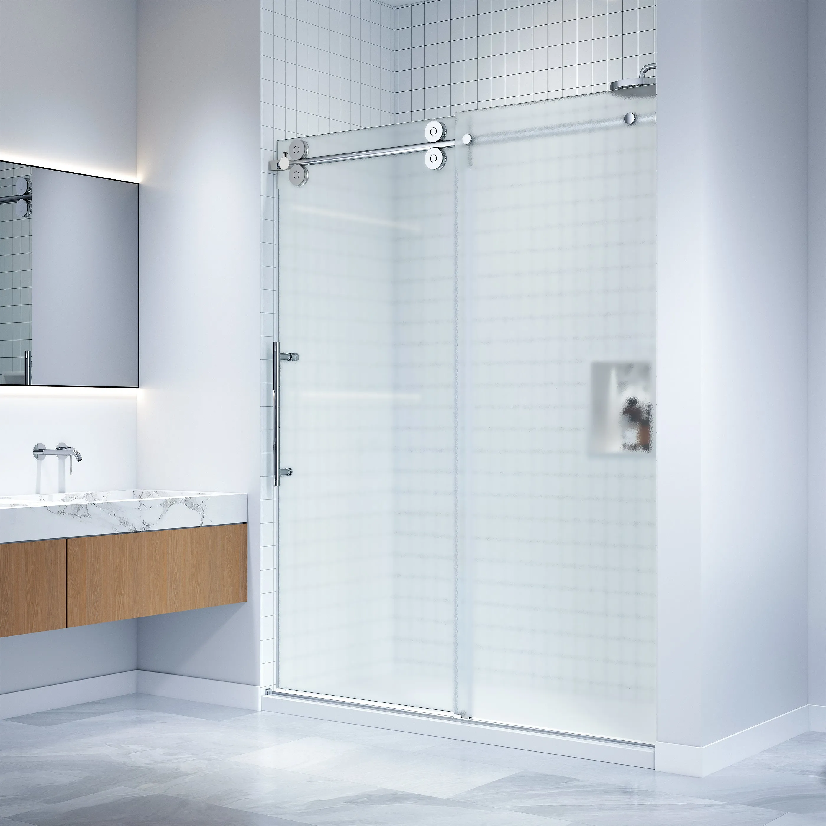 Dreamwerks 60 in. W x 79 in. H Frameless Sliding Shower Door in Bright Chrome with Frosted Glass