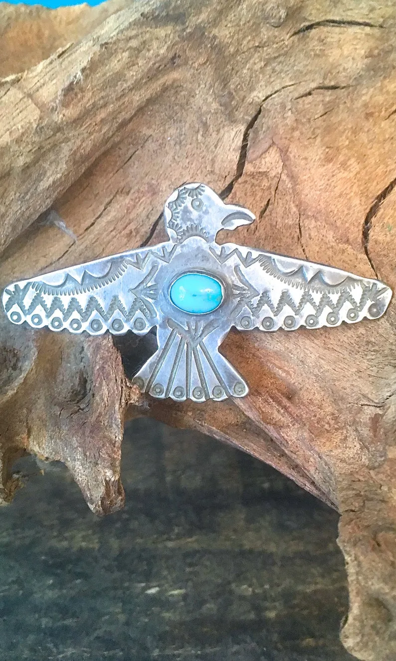 THUNDERBIRD 1940s Sterling Silver and Turquoise Bird Pin