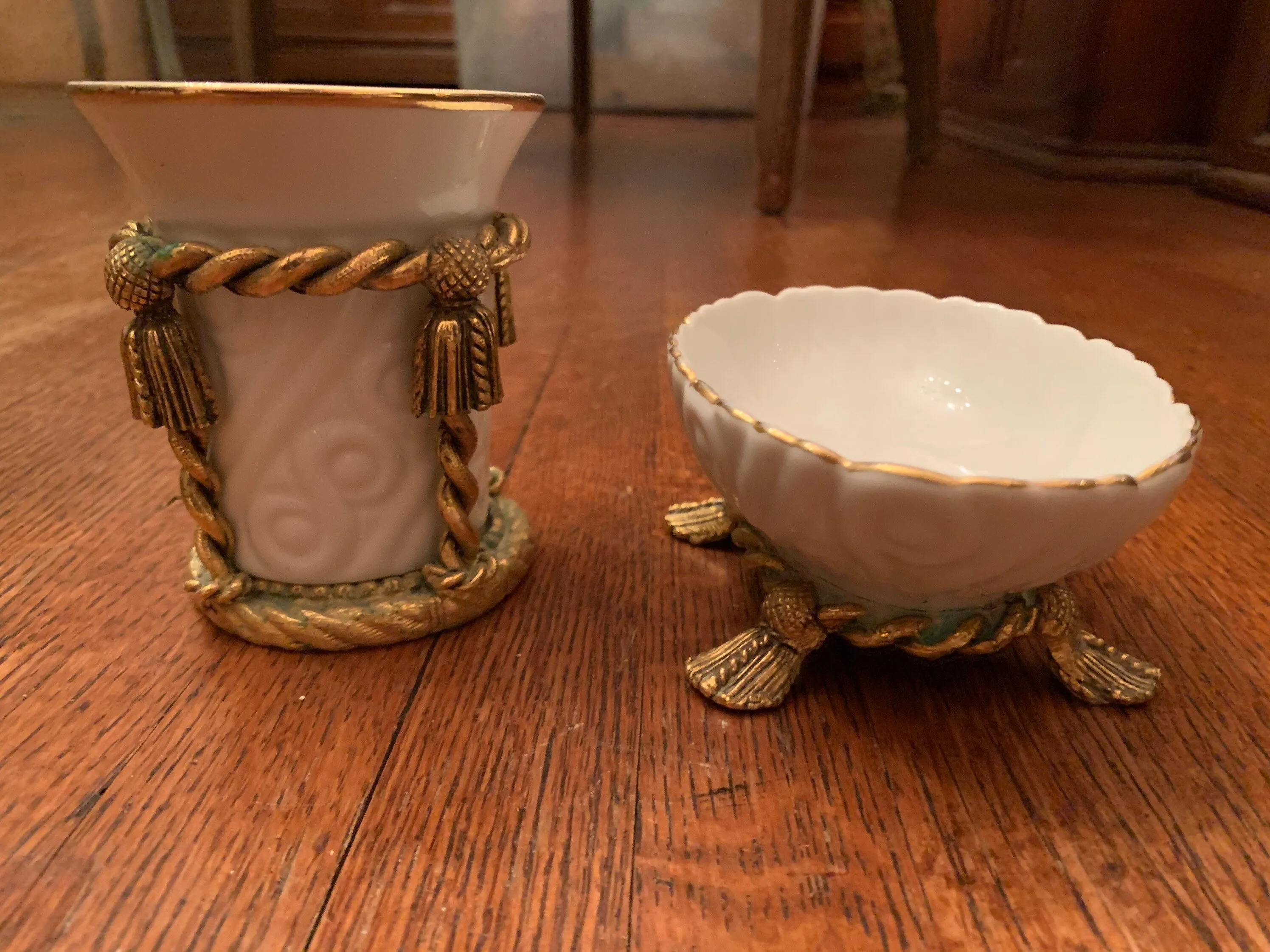 Vintage Porcelain and Brass Soap Dish and Toothbrush Holder