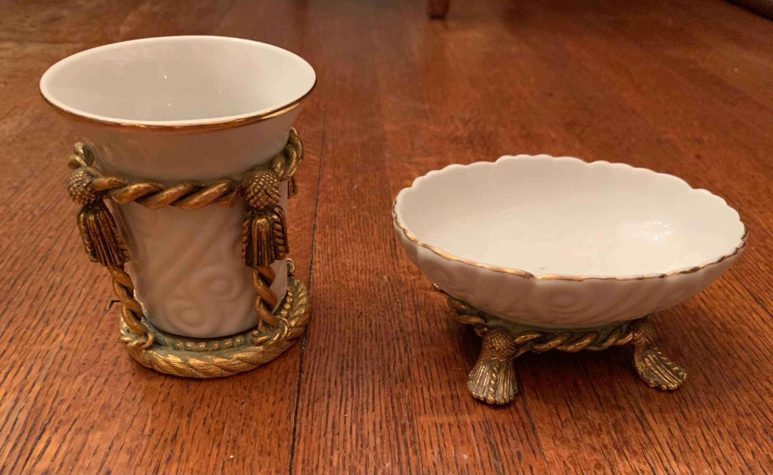 Vintage Porcelain and Brass Soap Dish and Toothbrush Holder