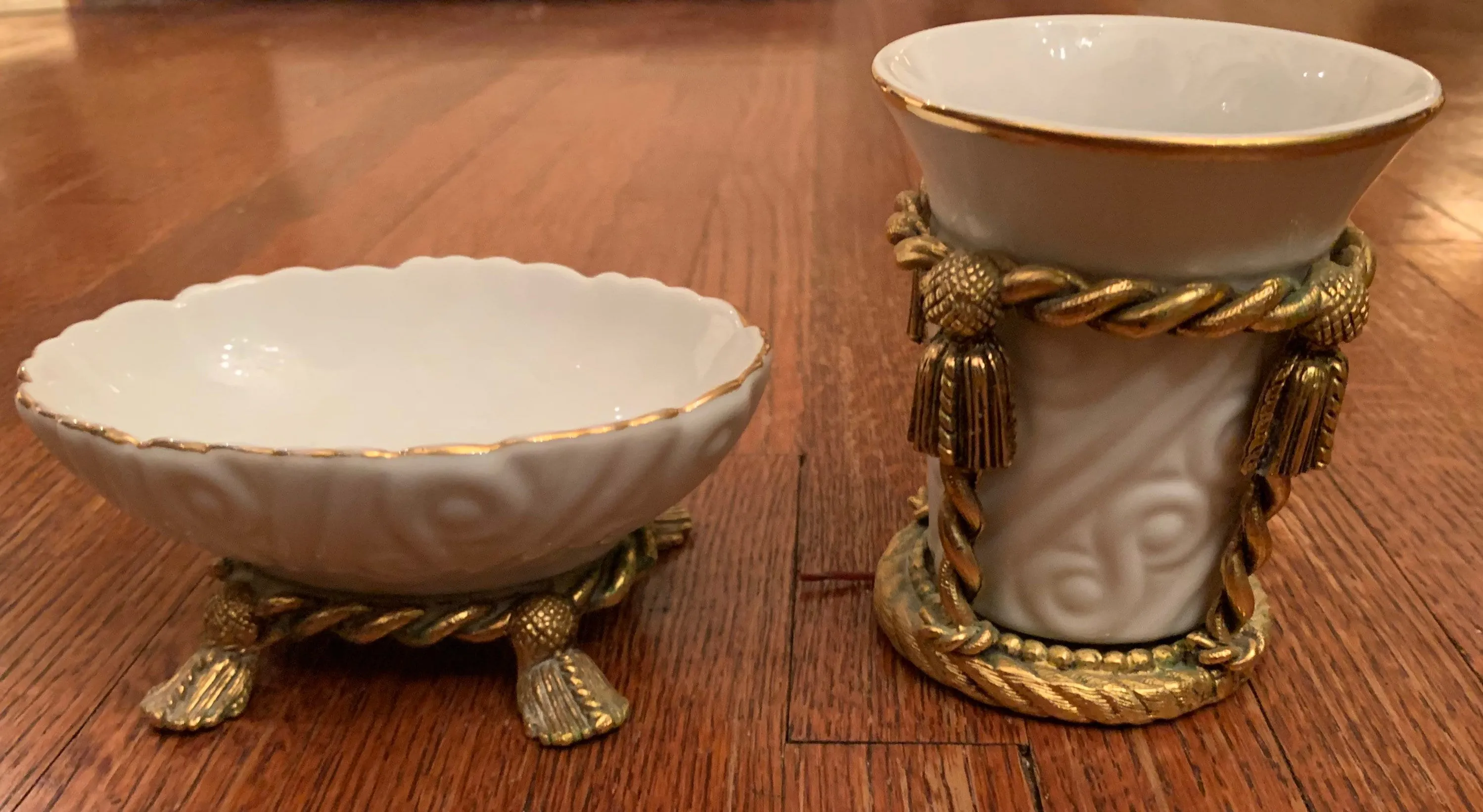 Vintage Porcelain and Brass Soap Dish and Toothbrush Holder