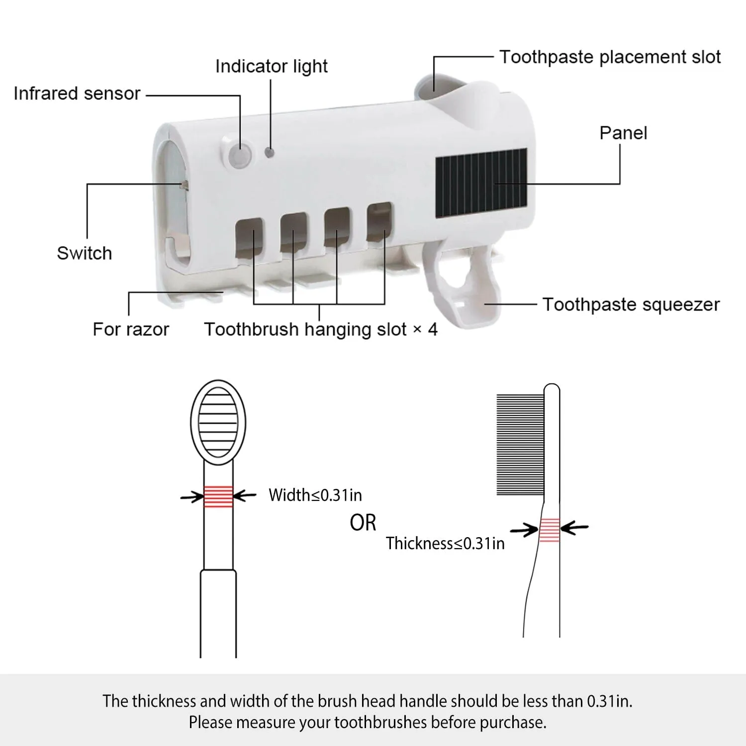 Wall Mounted Toothbrush Sanitizer Holder IR Induction UV Sanitization Rack