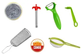 Your Brand Mix Combo - Kitchen Scrubber, Gas Lighter, Vegetables Grater, Vegetable/Fruit Peeler, Vegetables Spiral Cutter/Spiral Knife and Big Tea Strainer Sieve (6pcs)