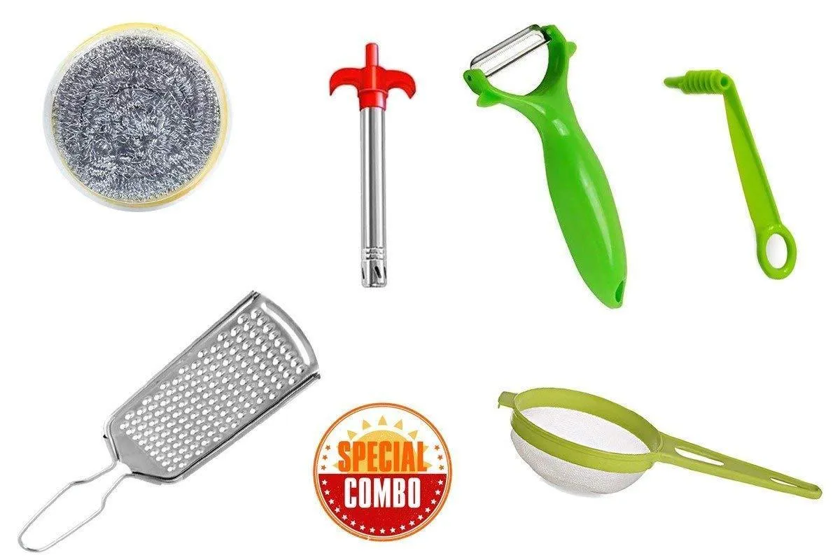 Your Brand Mix Combo - Kitchen Scrubber, Gas Lighter, Vegetables Grater, Vegetable/Fruit Peeler, Vegetables Spiral Cutter/Spiral Knife and Big Tea Strainer Sieve (6pcs)